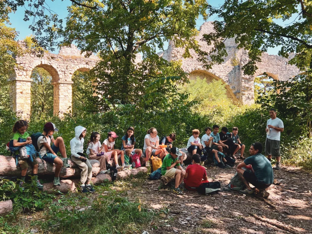 Eine Gruppe von Kindern sitzt auf Baumstämmen in einer Waldlichtung, nahe einer alten Steinruine mit Bögen. Zwei Betreuer stehen und sprechen mit der Gruppe.