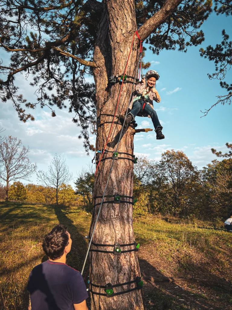 Ein Kind mit Helm und Sicherheitsgurt klettert einen mit Griffen und Seilen ausgestatteten Baum hinauf, während ein Betreuer am Boden zuschaut und sichert.